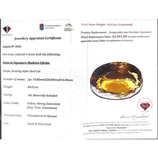 $4,961 Appraisal - 49.61 ct Cert. Madeira Citrine Gemstone