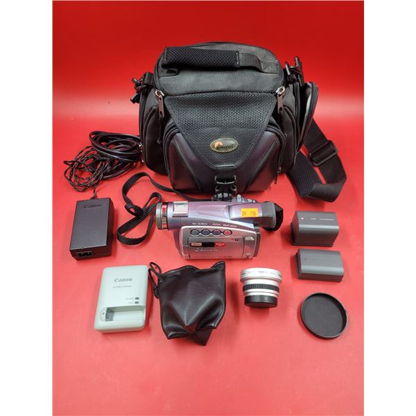 Camera & Accessory Lot w/ Canon ZR80 Camcorder, Carrying Case, Konika Fish Eye Lens, & More