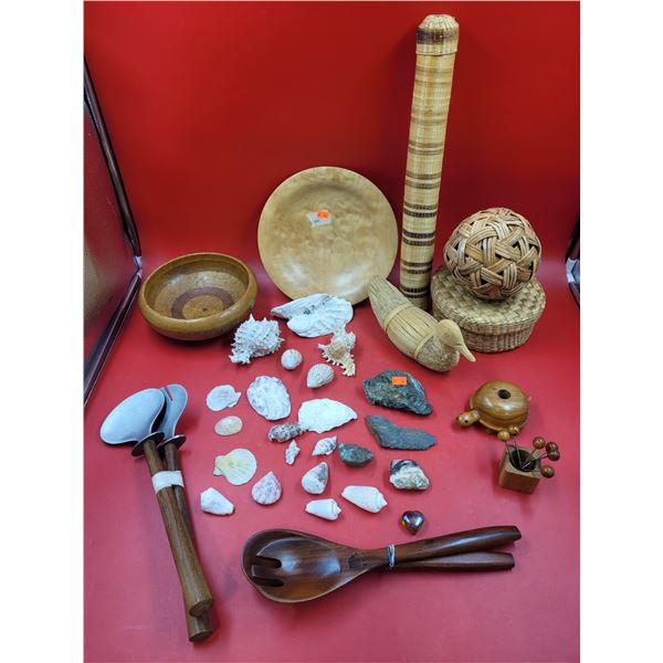 Wood, Wicker, & Seashell Lot w/ Straw Duck, Serving Utensils, Wooden Bowl, & More
