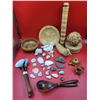 Image 1 : Wood, Wicker, & Seashell Lot w/ Straw Duck, Serving Utensils, Wooden Bowl, & More