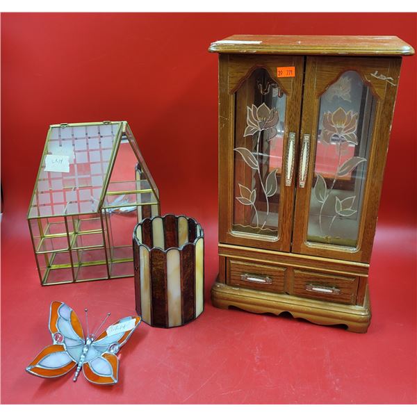 Glass Lot w/ Stained Glass Butterfly, Scallop Edge Candleholder, & More
