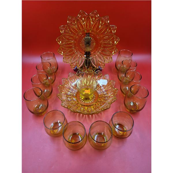 MCM Amber Glass Lot w/ 13 Glasses, Serving Plate, & Bowl