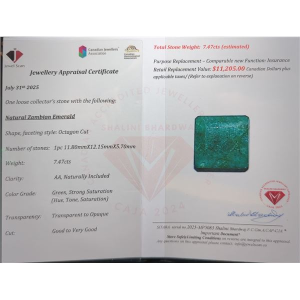 $11,205 Appraisal - 7.47 ct Cert. Emerald Gemstone
