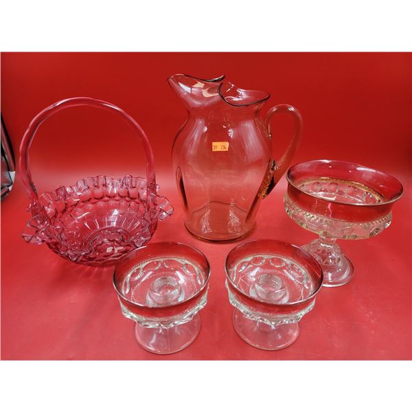Colored Glass Lot w/ Pink Depression Glass Pitcher, & More