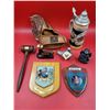 Image 1 : Collectibles Lot w/ 2 Coat of Arms Plaques, Soapstone Ganesha Carving, Golden Eagle Mitt, & More