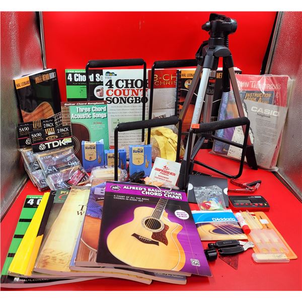 Music Lot w/ Tripod, Music Books, Cassette Tapes, Korg Metronome, & More