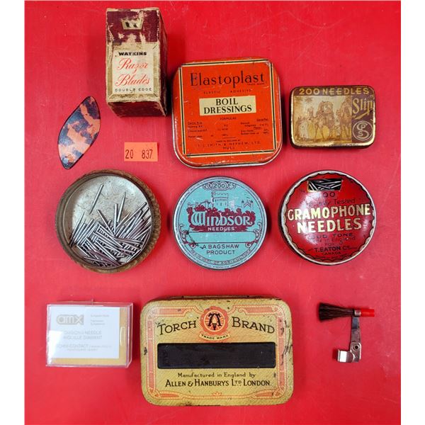 VTG Tin Lot w/ Gramophone Needle Tins, Razor Blade Box, Elastoplast Tin, & More