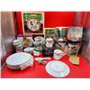 Image 1 : Assorted Dish Lot w/ Coffee Mugs, Pedestal Bowl, Glasses, Strawberry Plaid Plates, & More