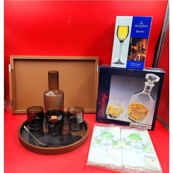 Serve Ware Lot w/ Serving Tray, 2 Decanter Sets, & 4 Liqueur Glasses