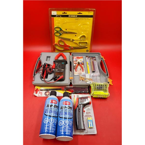 Assorted Tool Lot w/ Scissors, Nippers, Digital Clamp Meter, Pizza Oven Thermometer, & More