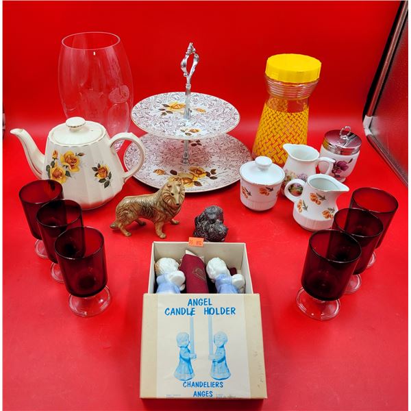 VTG Glassware Lot w/ Angel Candleholders, 2-Tier Cake Stand, Ruby Red Glasses, & More