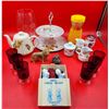 Image 1 : VTG Glassware Lot w/ Angel Candleholders, 2-Tier Cake Stand, Ruby Red Glasses, & More