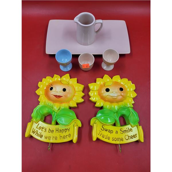 VTG Serve Ware (Platter, Egg Cups, etc.) & 2 Sunflower Hooks