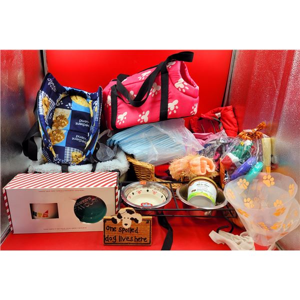 Pet Supplies Lot w/ Food & Water Dish, Puppy Pads, Carrier, Bed, Toys, & More