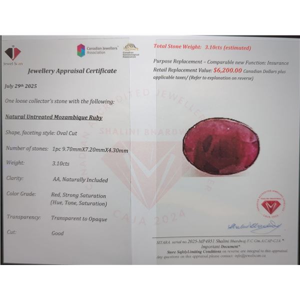 $6,200 Appraisal - 3.1 ct Cert. Red Ruby Gemstone