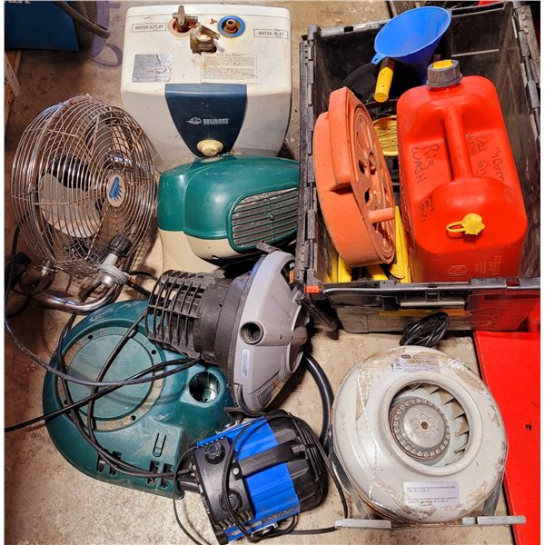 Miscellaneous Lot w/ Jerrycan, Extension Cord Reel, Fan, Reliance Water Heater, & More