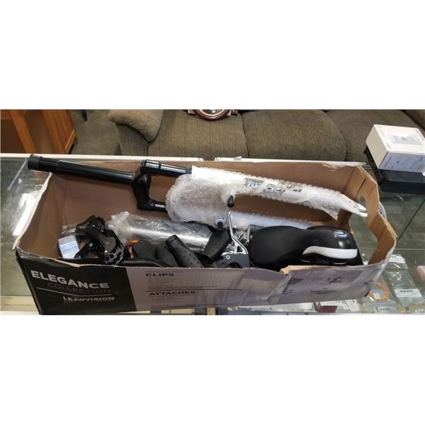 BOX OF NEW BIKE PARTS - FORKS, SEAT, GEARS, FLASHERS, ETC