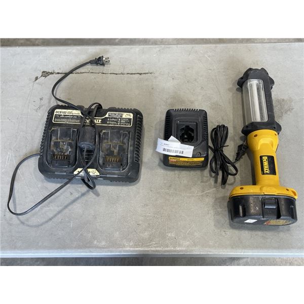 DEWALT CHARGERS, WORK LIGHT AND BATTERY
