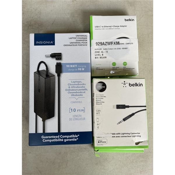 INSIGNIA 90 WATT UNIVERSAL LAPTOP CHARGER, BELKIN USB-C TO ETHERNET CHARGE ADAPTOR, AUDIO CABLE TO L