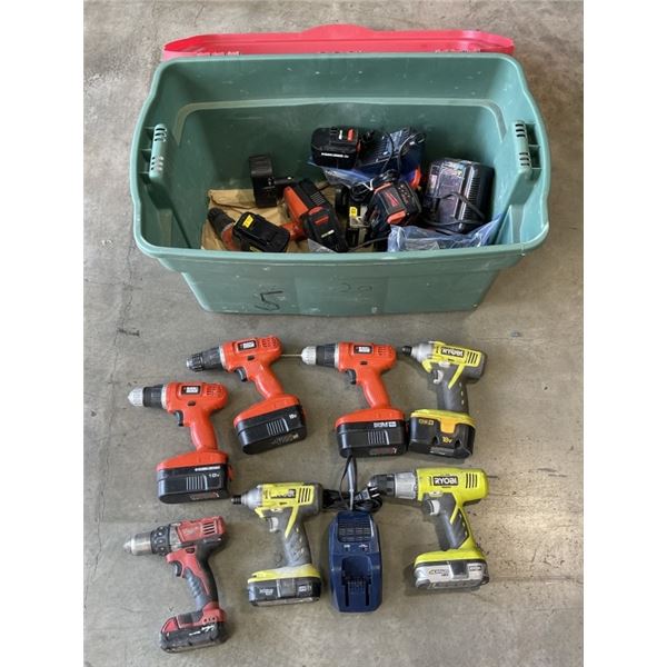 LARGE TOTE FULL OF CORDLESS TOOLS, BATTERIES, AND CHARGERS