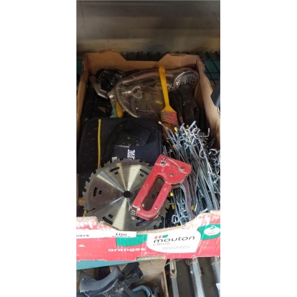 BOX OF ASSORTED HARDWARE, TOOLS, PEGS, SAW BLADE, ETC