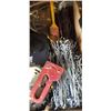 Image 2 : BOX OF ASSORTED HARDWARE, TOOLS, PEGS, SAW BLADE, ETC