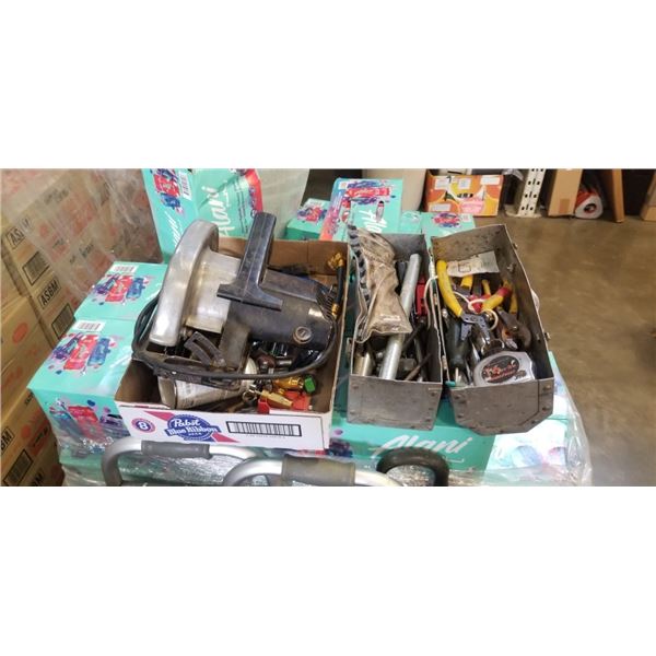 ASSORTED HAND AND SHOP TOOLS, SOCKETS, CIRCULAR SAW,  ETC