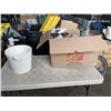 Image 1 : BOX OF VASES AND WHITE CERAMIC GARBAGE BIN