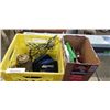 Image 1 : BOX AND CRATE OF ESTATE GOODS - GOLF BALLS, BRASS TEAPOT, SAFETY FLASHERS, ETC