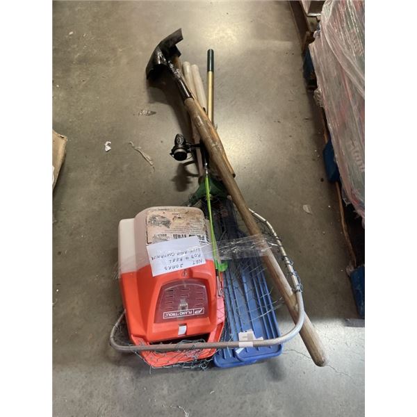 PLANO LIVE BAIT BOX, RODS, OARS, SHOVEL AND AXE