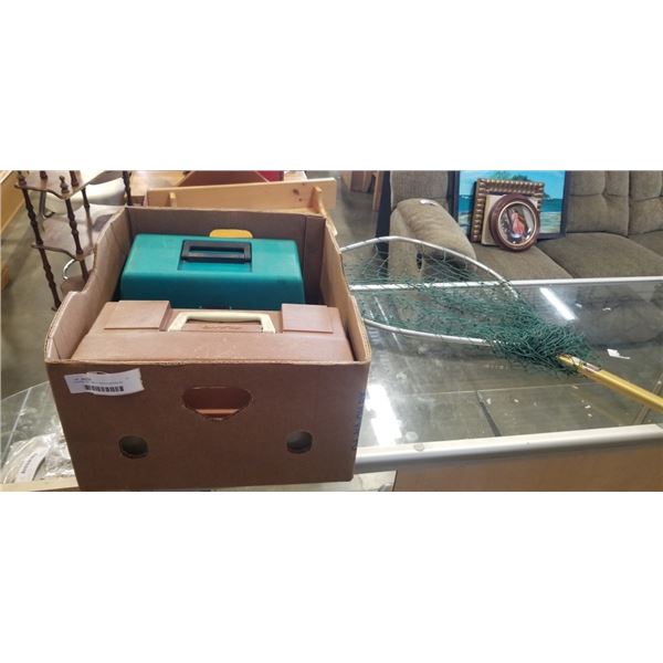 FISHING NET AND 2 TACKLE BOXES W/ SOME CONTENTS