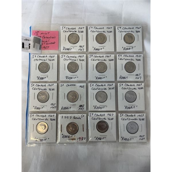 15 MINT 1967 CANADIAN CENTENNIAL RABBIT NICKELS