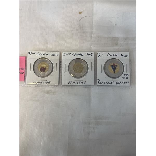 3 SPECIAL CANADIAN $2 COINS 2018 ARMSTICE BOTH TYPES, 2020 VICTORY