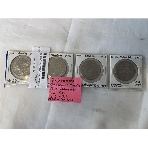 4 CANADIAN CENTENNIAL DOLLARS 1970 MANITOBA, 1971 BC, 1973 PEI, AND 1974 WINNIPEG