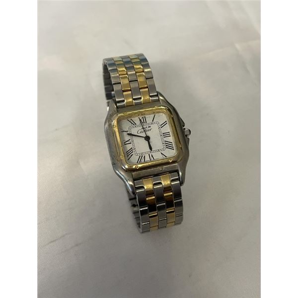 MUST DE CARTIER TWO TONE WATCH, REPLICA, MARKED SWISS MOVT, BATTERY REQUIRED