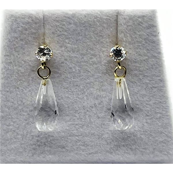 14KT YELLOW GOLD NATURAL WHITE TOPAZ WITH CZ DANGLING EARRING, RETAIL $350.00.
