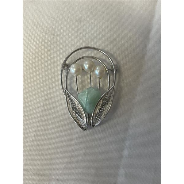 HAND CRAFTED SILVER W/ 3 PEARLS AND GREEN NATURAL STONE BROOCH