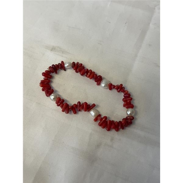 NATURAL BLOOD RED CORAL W/ CULTURED FRESHWATER PEARLS STRETCH BRACELET