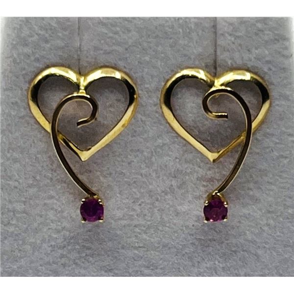 14KT YELLOW GOLD NATURAL ENHANED RUBY HEART SHAPE EARRING, RETAIL $400.00. RUBY IS THE BIRTHSTONE FO