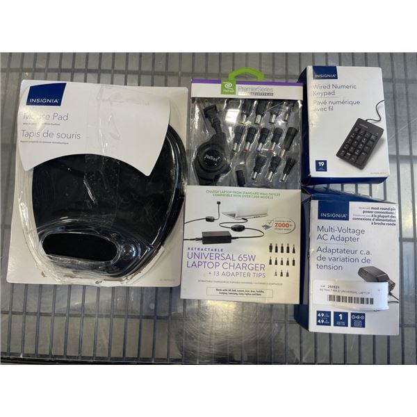 RETRACTABLE UNIVERSAL LAPTOP CHARGER, INSIGNIA MULTI VOLTAGE AC ADAPTER AND MOUSE PAD