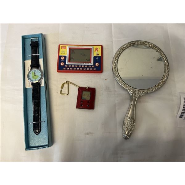 BARBADOS WATCH, VANITY MIRRO AND VINTAGE HANDHELD GAME