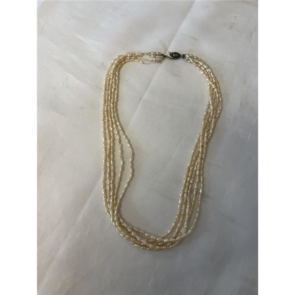 VINTAGE TINY 5 STRAND FRESHWATER PEARL NECKLACE W/ ORIGINAL STERLING SILVER CLASP