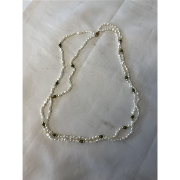DOUBLE STRAND SMALL FRESH WATER PEARL AND DARK GREEN JADE BEAD NECKLACE