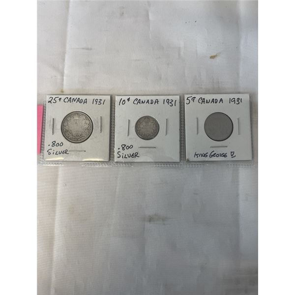 3 1931 CANADIAN COINS 25 CENT, 10 CENT .800 SILVER PLUS 5 CENT LOW MINTAGE