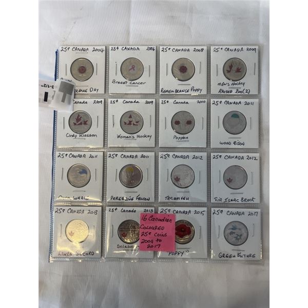 16 CANADIAN COLOURED 25 CENT COINS 2004-2017 ALL DIFFERENT