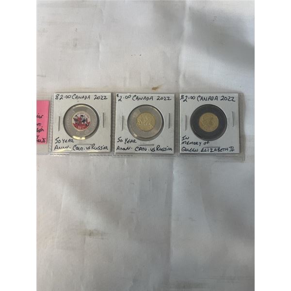 3 SPECIAL CANADIAN $2 COINS 2022 CANADA VS RUSSIA (BOTH TYPES) 2022 IN MEMORY OF QUEEN ELIZABETH II,
