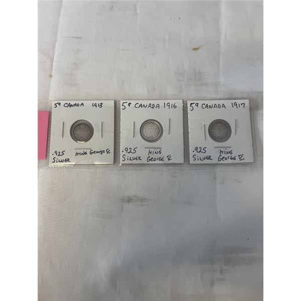 3 CANADIAN SILVER SMALL 5 CENTS 1913, 1916, 1917 .925
