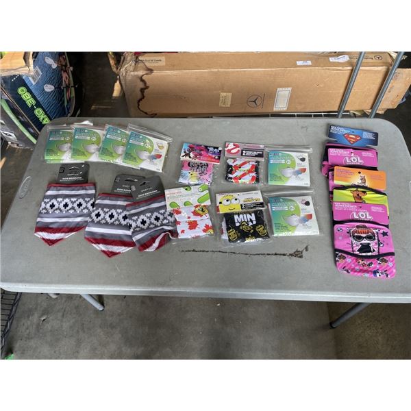 LOT OF NEW KIDS FACE MASKS AND DOG BANDANAS