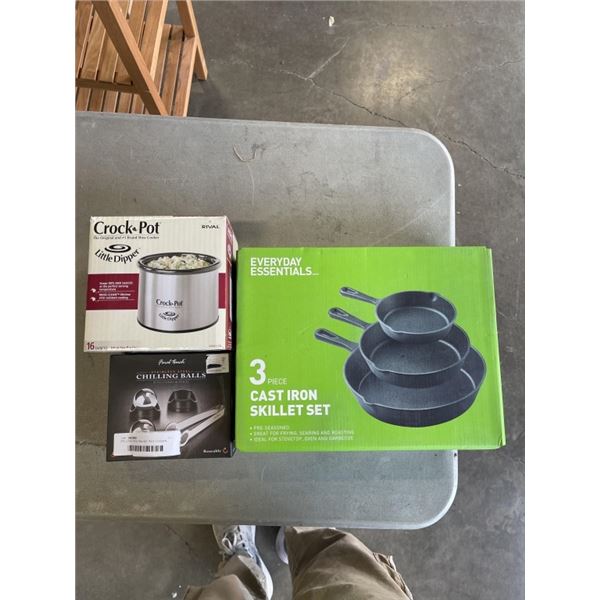 3PC CAST IRON PAN SET, RICE COOKER, AND STAINLESS CHILLING BALLS