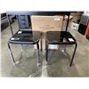 Image 1 : 3 NEW OUTDOOR SIDE TABLES - 2 BLACK W/ GLASS TOPS, 1 FOLDING NATURAL WOOD